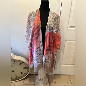 NWOT CHICOS ruana wrap kimono OS fringe coral Lagenlook beach coastal